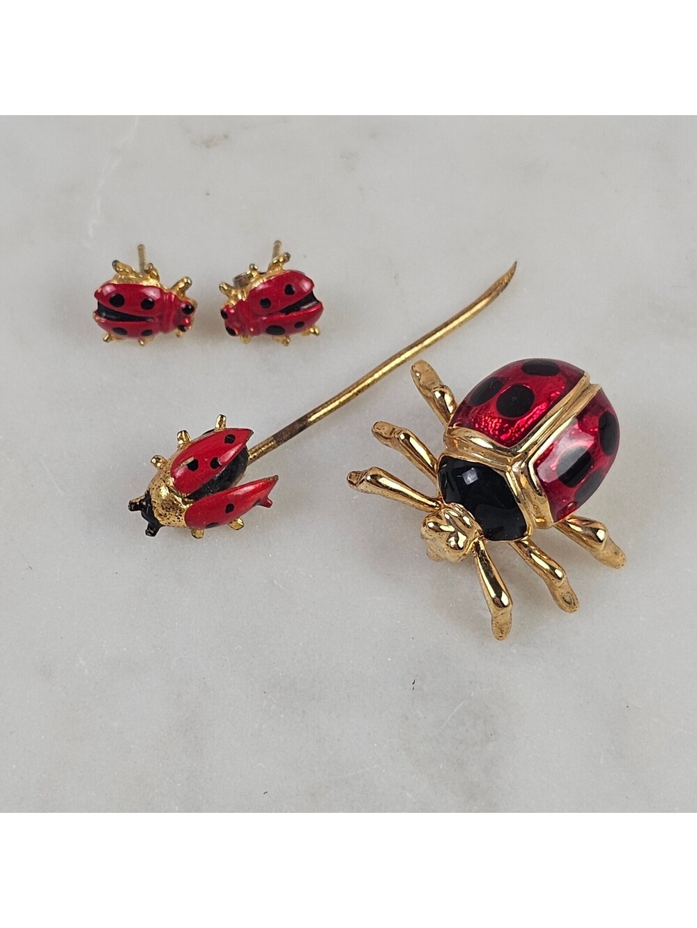Vintage Ladybug Jewelry Set Brooch Stick Pin Post Earrings Red Enamel